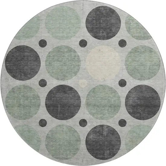 8' Sage Charcoal And Ivory Geometric Washable Round Rug With UV Protection Photo 1