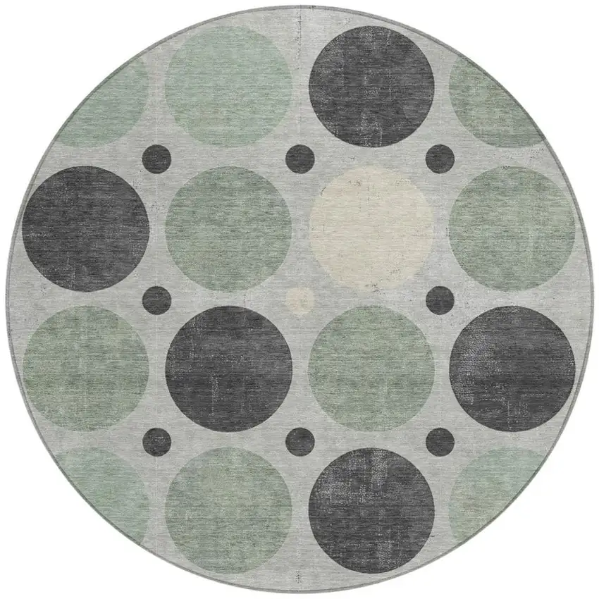 8' Sage Charcoal And Ivory Round Geometric Washable Indoor Outdoor Area Rug Photo 3