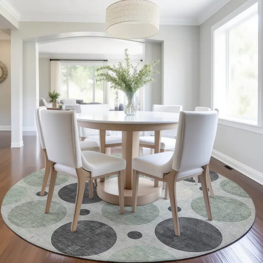 8' Sage Charcoal And Ivory Round Geometric Washable Indoor Outdoor Area Rug Photo 7