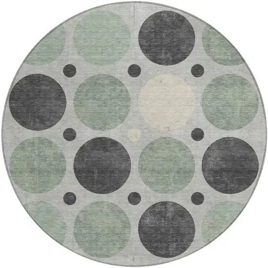 8' Sage Charcoal And Ivory Round Geometric Washable Indoor Outdoor Area Rug Photo 1