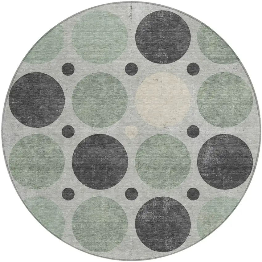 8' Sage Charcoal And Ivory Round Geometric Washable Indoor Outdoor Area Rug Photo 1