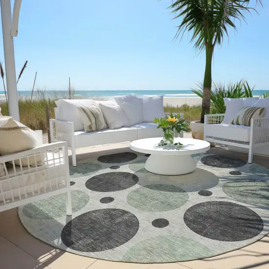 8' Sage Charcoal And Ivory Round Geometric Washable Indoor Outdoor Area Rug Photo 6