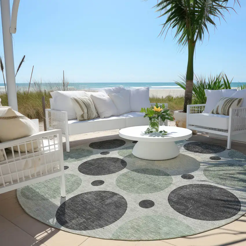8' Sage Charcoal And Ivory Round Geometric Washable Indoor Outdoor Area Rug Photo 6