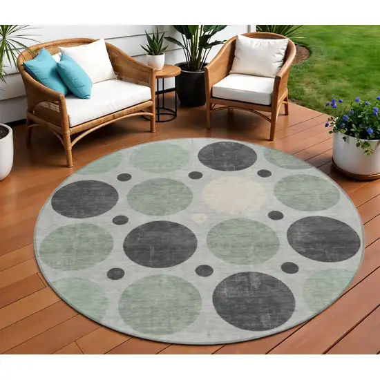 8' Sage Charcoal And Ivory Round Geometric Washable Indoor Outdoor Area Rug Photo 2