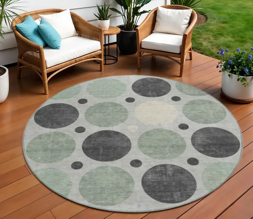 8' Sage Charcoal And Ivory Round Geometric Washable Indoor Outdoor Area Rug Photo 2