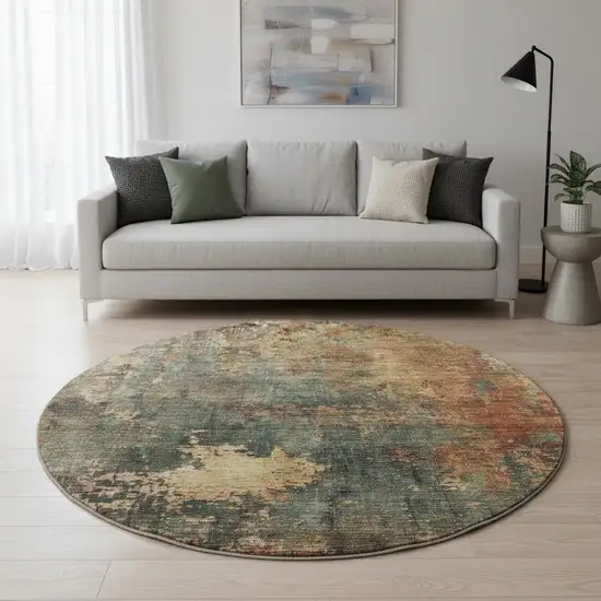 8' Sage Copper And Gold Abstract Washable Round Rug With UV Protection Photo 2