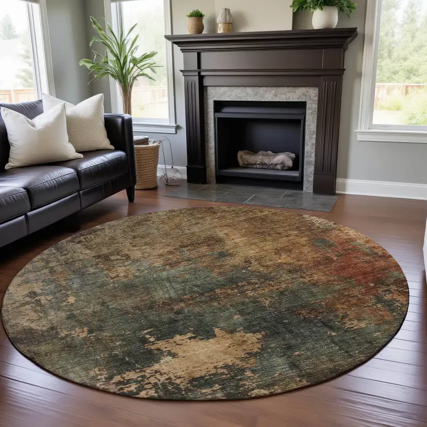 8' Sage Copper And Gold Abstract Washable Round Rug With UV Protection Photo 2