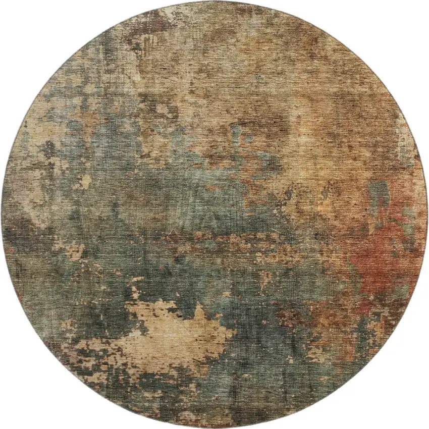 8' Sage Copper And Gold Abstract Washable Round Rug With UV Protection Photo 1
