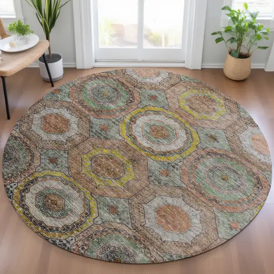 8' Sage Copper And Gold Round Geometric Washable Indoor Outdoor Area Rug Photo 6