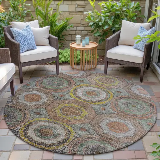 8' Sage Copper And Gold Round Geometric Washable Indoor Outdoor Area Rug Photo 5