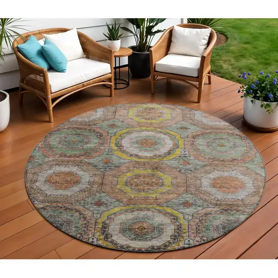 8' Sage Copper And Gold Round Geometric Washable Indoor Outdoor Area Rug Photo 2