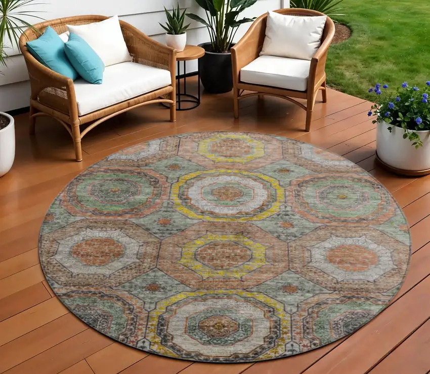 8' Sage Copper And Gold Round Geometric Washable Indoor Outdoor Area Rug Photo 2