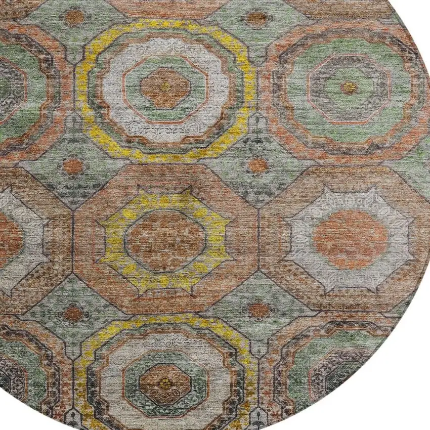 8' Sage Copper And Gold Round Geometric Washable Indoor Outdoor Area Rug Photo 8