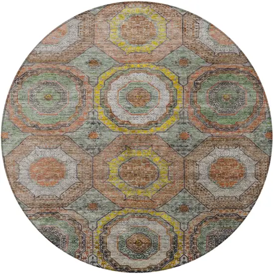 8' Sage Copper And Gold Round Geometric Washable Indoor Outdoor Area Rug Photo 3