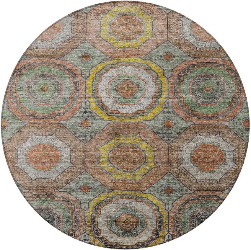 8' Sage Copper And Gold Round Geometric Washable Indoor Outdoor Area Rug Photo 3