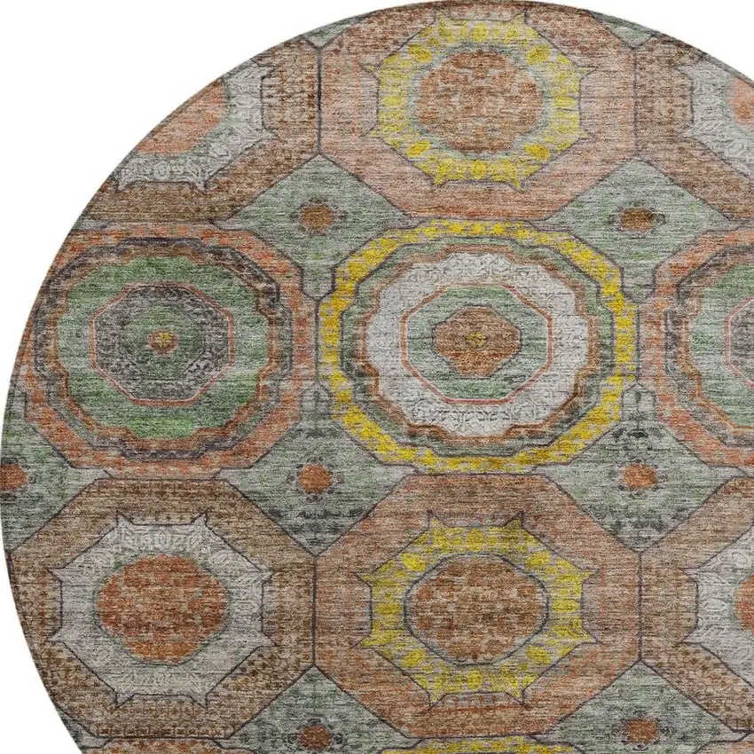 8' Sage Copper And Gold Round Geometric Washable Indoor Outdoor Area Rug Photo 4