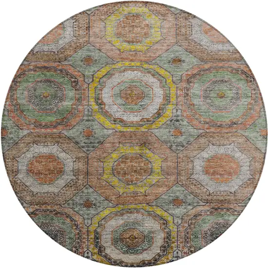 8' Sage Copper And Gold Round Geometric Washable Indoor Outdoor Area Rug Photo 1
