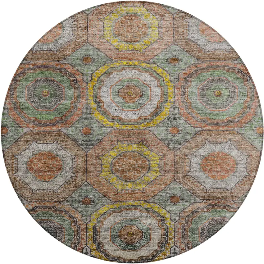 8' Sage Copper And Gold Round Geometric Washable Indoor Outdoor Area Rug Photo 1