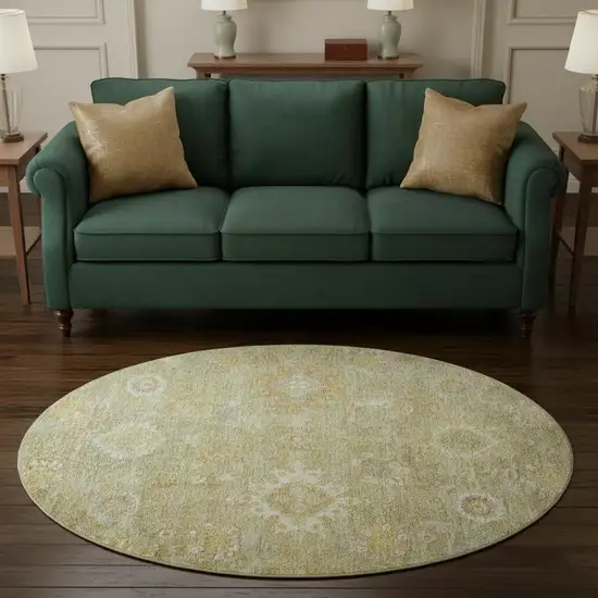 8' Sage Copper And Ivory Oriental Washable Round Rug With UV Protection Photo 2