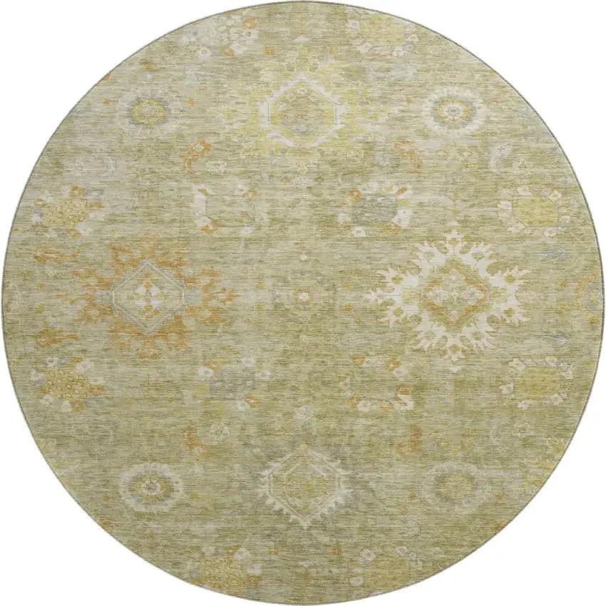 8' Sage Copper And Ivory Oriental Washable Round Rug With UV Protection Photo 1