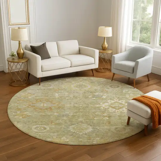 8' Sage Copper And Ivory Oriental Washable Round Rug With UV Protection Photo 5