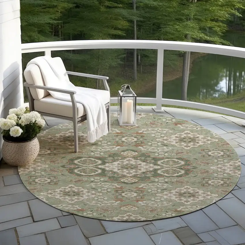 8' Sage Copper And Ivory Round Medallion Washable Indoor Outdoor Area Rug Photo 5