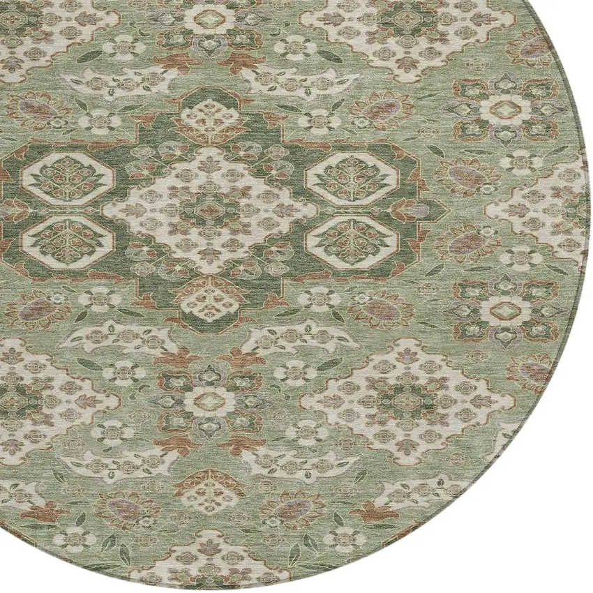 8' Sage Copper And Ivory Round Medallion Washable Indoor Outdoor Area Rug Photo 8