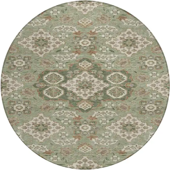 8' Sage Copper And Ivory Round Medallion Washable Indoor Outdoor Area Rug Photo 1