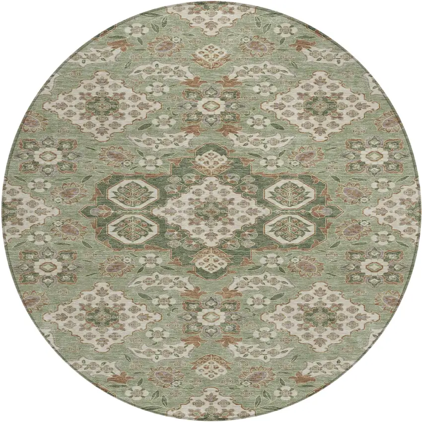 8' Sage Copper And Ivory Round Medallion Washable Indoor Outdoor Area Rug Photo 1