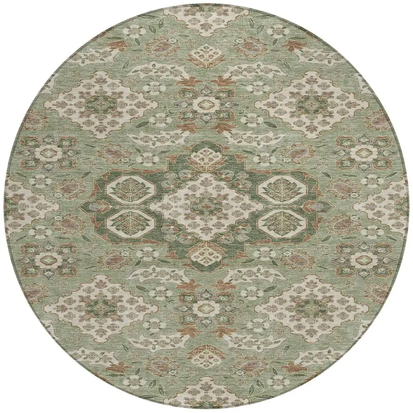8' Sage Copper And Ivory Round Medallion Washable Indoor Outdoor Area Rug Photo 3