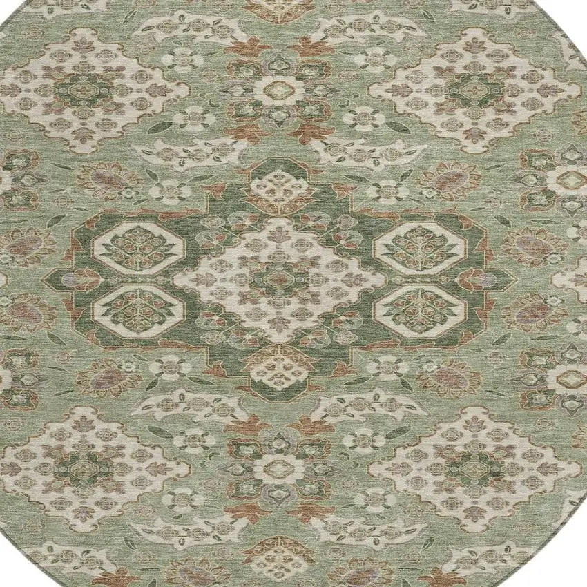 8' Sage Copper And Ivory Round Medallion Washable Indoor Outdoor Area Rug Photo 4