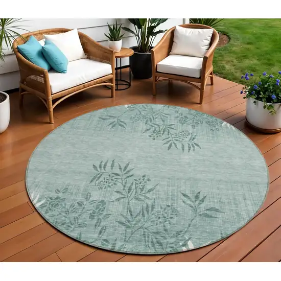 8' Sage Fern Green And Ivory Round Floral Washable Indoor Outdoor Area Rug Photo 1
