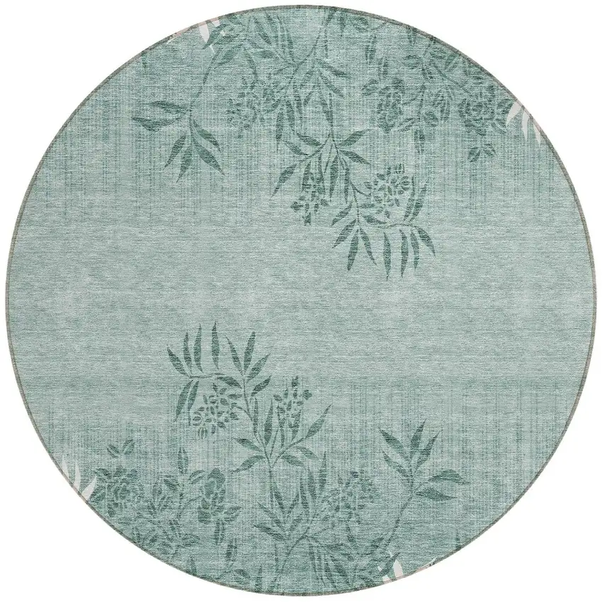 8' Sage Fern Green And Ivory Round Floral Washable Indoor Outdoor Area Rug Photo 6