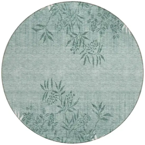 8' Sage Fern Green And Ivory Round Floral Washable Indoor Outdoor Area Rug Photo 6