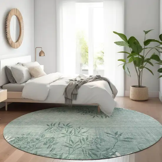 8' Sage Fern Green And Ivory Round Floral Washable Indoor Outdoor Area Rug Photo 8