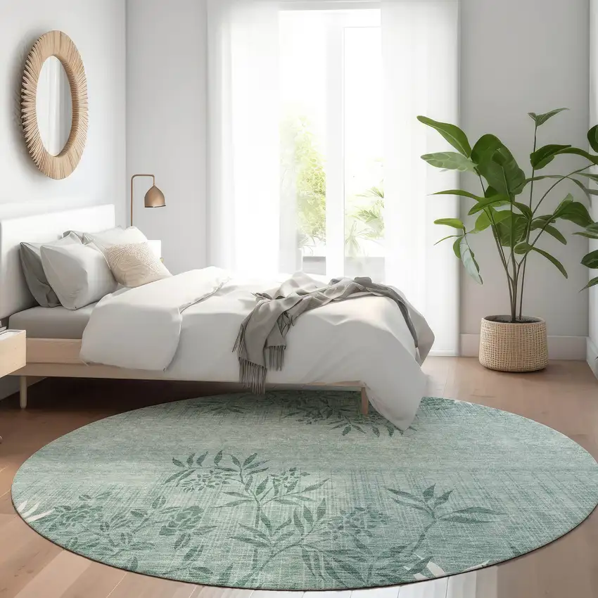 8' Sage Fern Green And Ivory Round Floral Washable Indoor Outdoor Area Rug Photo 8