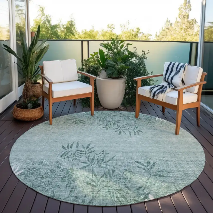 8' Sage Fern Green And Ivory Round Floral Washable Indoor Outdoor Area Rug Photo 7