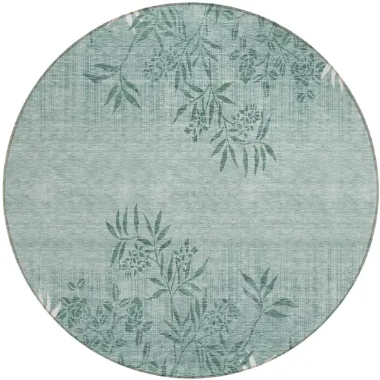 8' Sage Fern Green And Ivory Round Floral Washable Indoor Outdoor Area Rug Photo 2