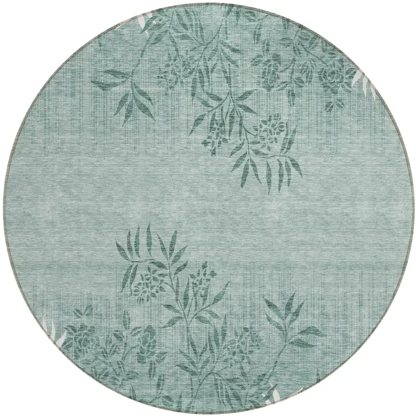 8' Sage Fern Green And Ivory Round Floral Washable Indoor Outdoor Area Rug Photo 2