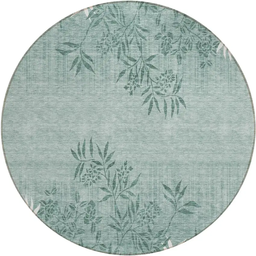 8' Sage Fern Green And Ivory Round Floral Washable Indoor Outdoor Area Rug Photo 2
