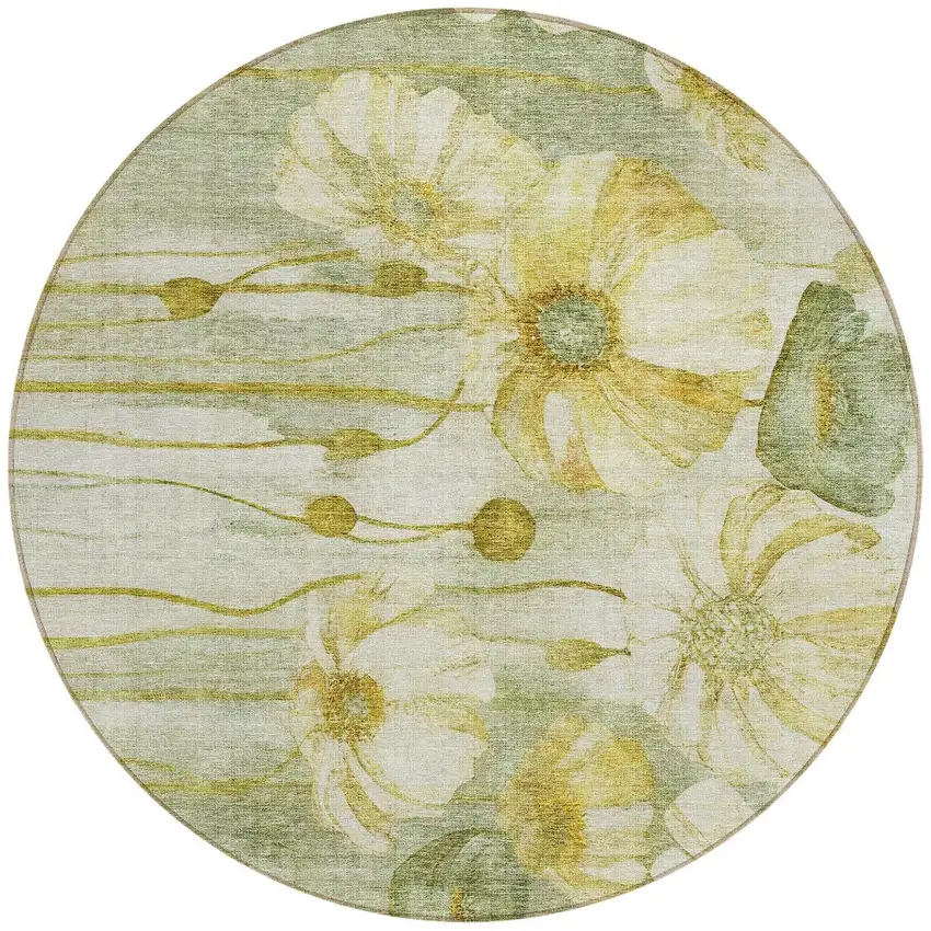 8' Sage Fern Green And Ivory Round Floral Washable Indoor Outdoor Area Rug Photo 5