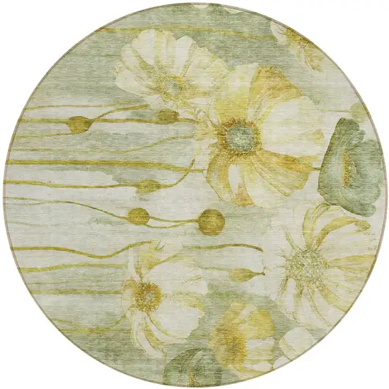 8' Sage Fern Green And Ivory Round Floral Washable Indoor Outdoor Area Rug Photo 1