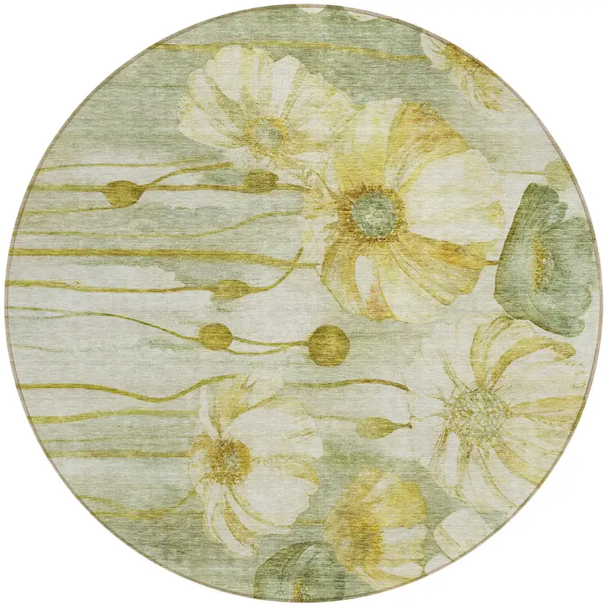 8' Sage Fern Green And Ivory Round Floral Washable Indoor Outdoor Area Rug Photo 1