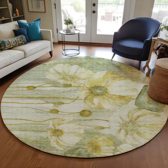 8' Sage Fern Green And Ivory Round Floral Washable Indoor Outdoor Area Rug Photo 8
