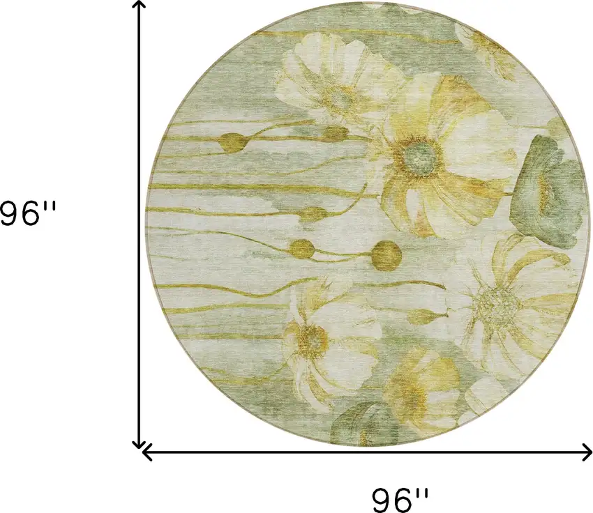 8' Sage Fern Green And Ivory Round Floral Washable Indoor Outdoor Area Rug Photo 9