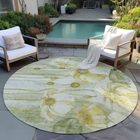 8' Sage Fern Green And Ivory Round Floral Washable Indoor Outdoor Area Rug Photo 7
