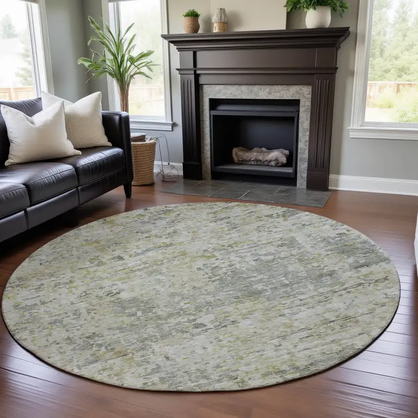 8' Sage Gold And Beige Abstract Washable Round Rug With UV Protection Photo 4