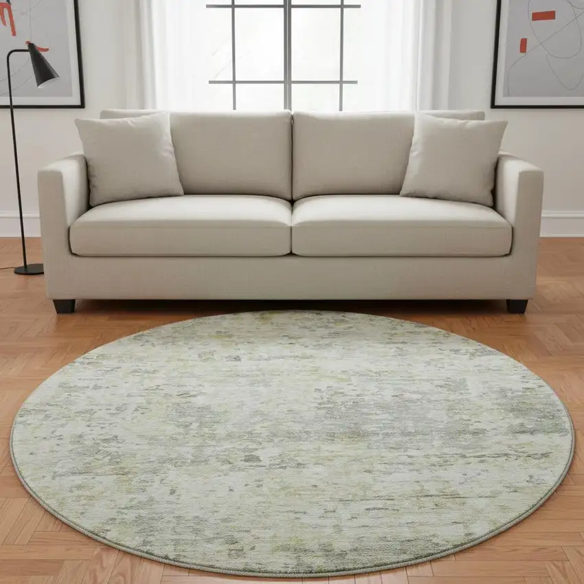 8' Sage Gold And Beige Abstract Washable Round Rug With UV Protection Photo 2