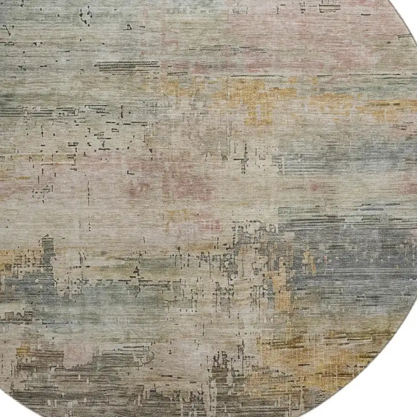 8' Sage Gold And Beige Abstract Washable Round Rug With UV Protection Photo 2