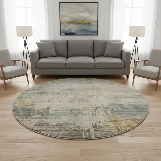 8' Sage Gold And Beige Abstract Washable Round Rug With UV Protection Photo 2